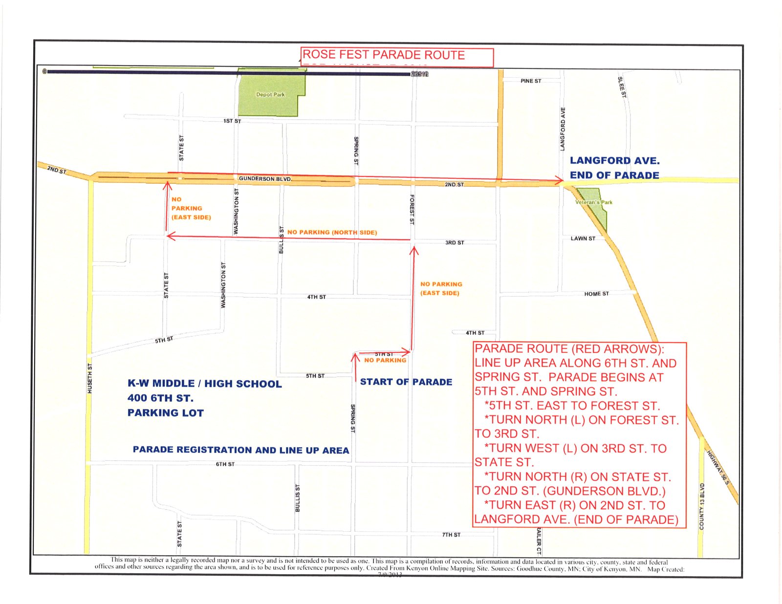 Map of the Rose Fest parade route through Kenyon with red arrows from 5th and Spring to Langford Avenue